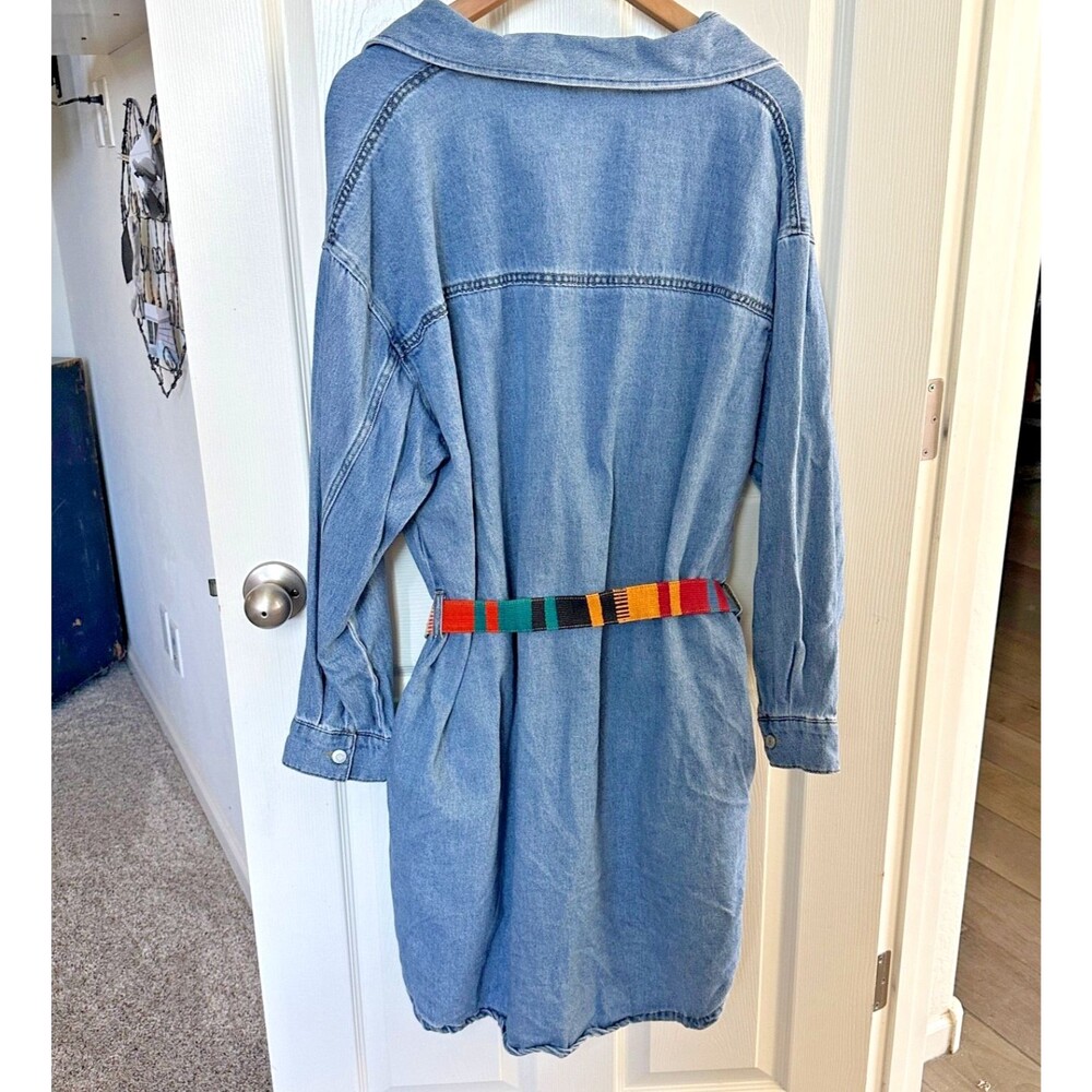H & M Denim Chambray Shirt Dress L Vintage Boho Woven Belt Western Style - Picture 5 of 9